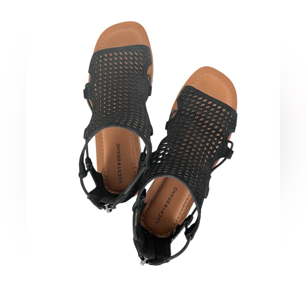 NWOT Lucky Brand Baldin Black Suede Laser-Cut Gladiator Sandals - Picture 6 of 11